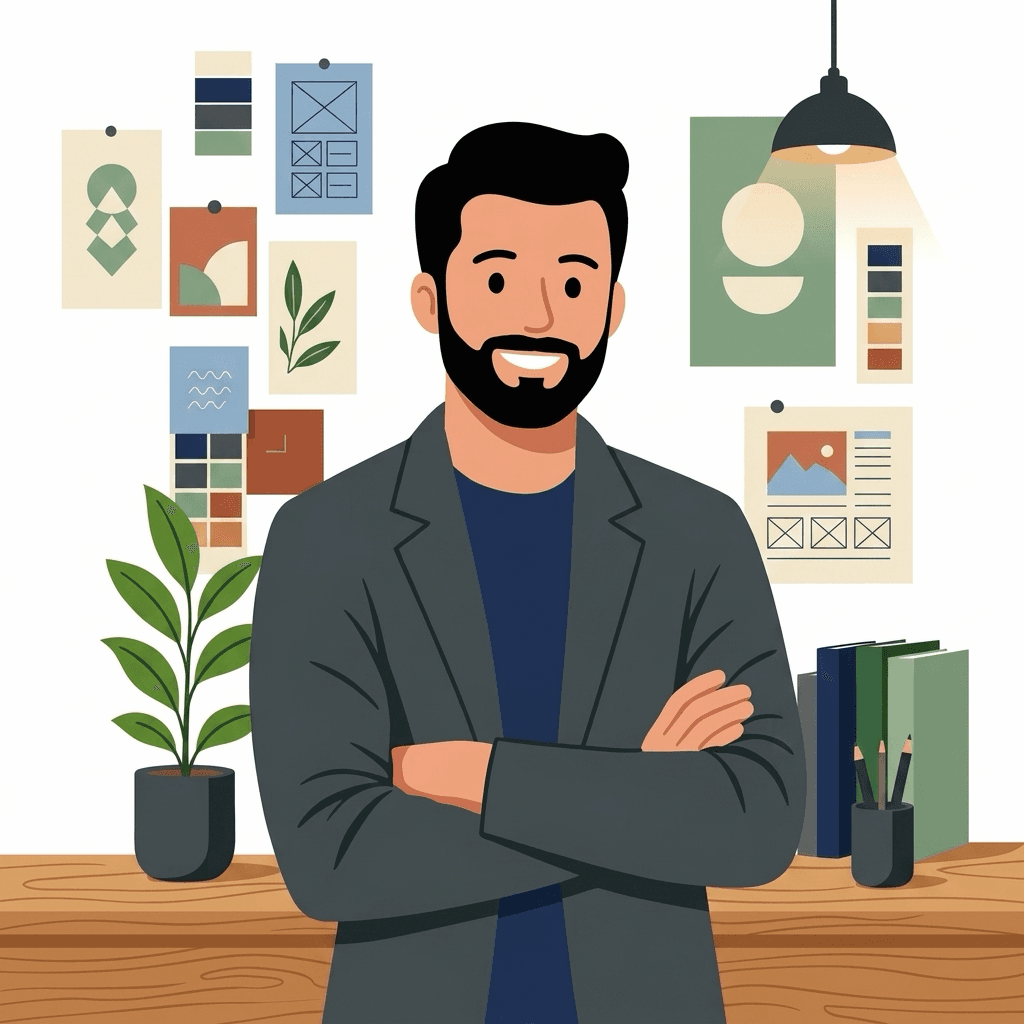 The founder of a small studio standing in front of a wall of design work, acting as the technology partner for small and medium businesses