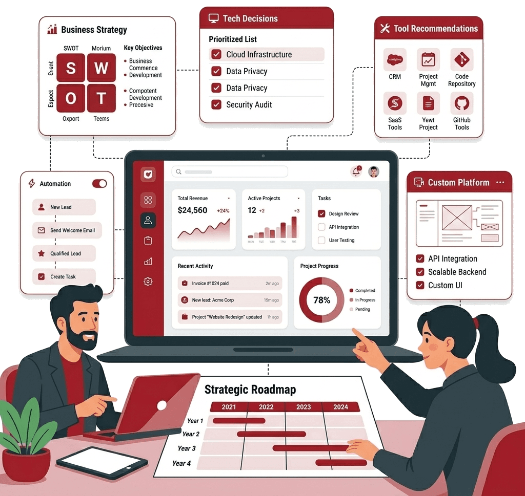 A fractional expert working session: business strategy, prioritized decisions, tool recommendations, a custom system spec, and a multi-year roadmap